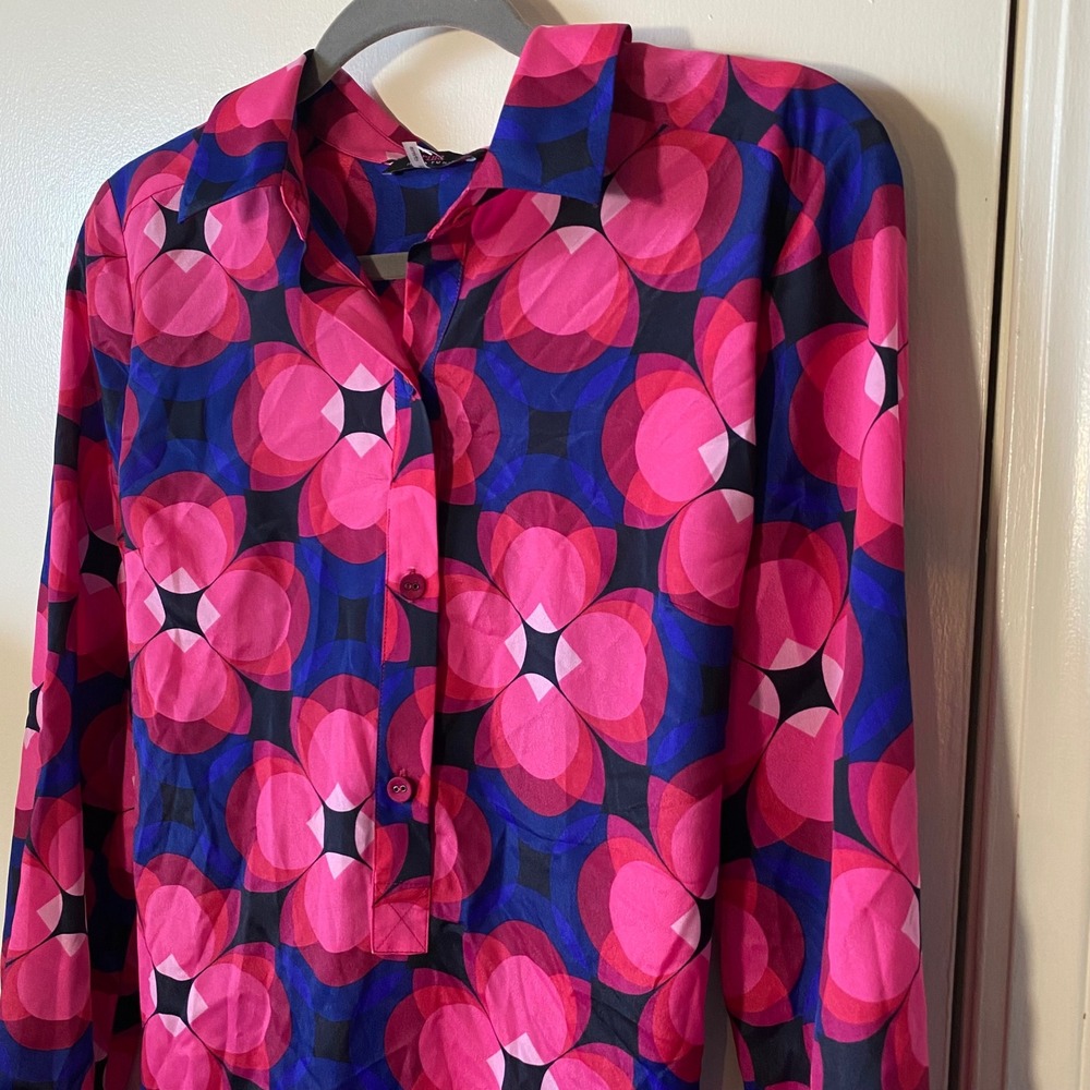 Trina Turk‎ Twist Front Medium Pink Blue Floral Print Long Sleeve Shirt Dress - Picture 2 of 7